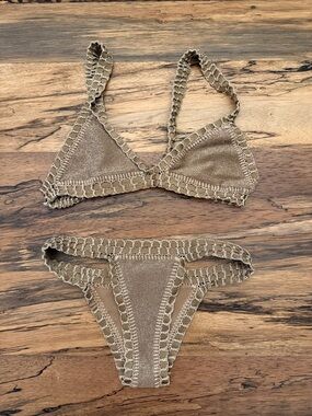 Crochet-Trim Metallic Beige Bikini Set - Women Swim